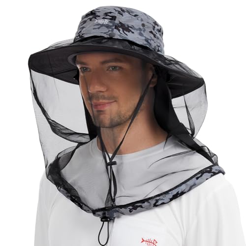 BASSDASH UPF 50+ Mosquito Sun Hat with Hidden Head Net and Neck Flap for Men Women Outdoor Fishing Hiking Camping - color: Storm Camo