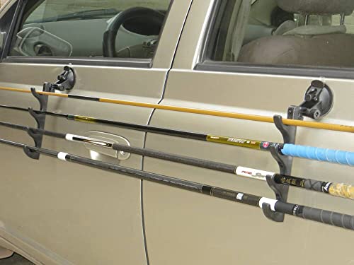 Pmsanzay Adjustable Horizontal Fishing Rod Storage Rack Holder with Suction Cups Attach for Vehicle Car/Truck/SUV/Boat/Smooth Glass - to Hold 4 Fishing Rods - Easy to install and remove