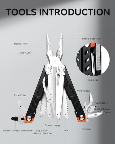 15-in-1 Multitool Pliers with Sheath, Stainless Steel, Black | Folding Multi Tool, Needle Nose Pliers & Wire Cutters, Knife, Saw, Screwdrivers, Bottle Opener, EDC Pocket Knife - color: Black
