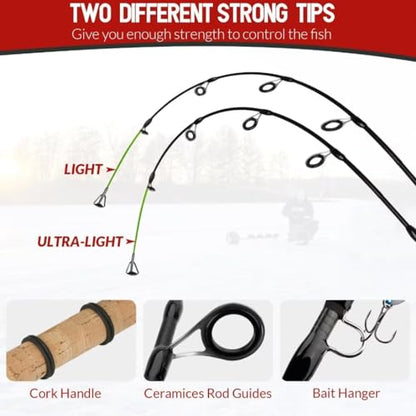 QualyQualy Ice Fishing Rod Reel Combo Complete Set Ice Fishing Gear with Backpack Seat Ice Cleats Ice Fishing Jigs Line Full Ice Fishing Kit 24" 26" - style: 26" Inline Reel-right Hand