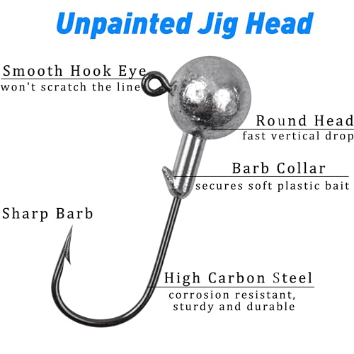 Jig Heads Fishing Hooks Crappie Jigs Unpainted Jig Heads Round Ball Sharp Fishing Jigs Hooks for Bass Trout Crappie Walleye Saltwater Freshwater - size: 3/8oz - 10g - 35pack