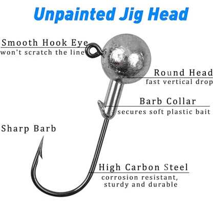 Jig Heads Fishing Hooks Crappie Jigs Unpainted Jig Heads Round Ball Sharp Fishing Jigs Hooks for Bass Trout Crappie Walleye Saltwater Freshwater - size: 3/8oz - 10g - 35pack
