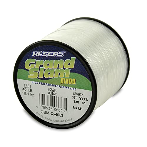 HI-SEAS Grand Slam Monofilament Fishing Line - Strong & Abrasion Resistant in Clear, Pink, Green, Smoke Blue, Fluorescent Yellow Freshwater & Saltwater – Quarter Pound Spool - color: Clear, style: 40 Lb Test, 0.60 Mm Dia, 370 Yd