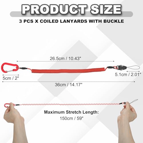 PATIKIL Coiled Lanyards with Buckle Retractable Safety Ring and Quick Release Detachable Buckle for Fishing Equipment - color: Red, size: 59 Inch
