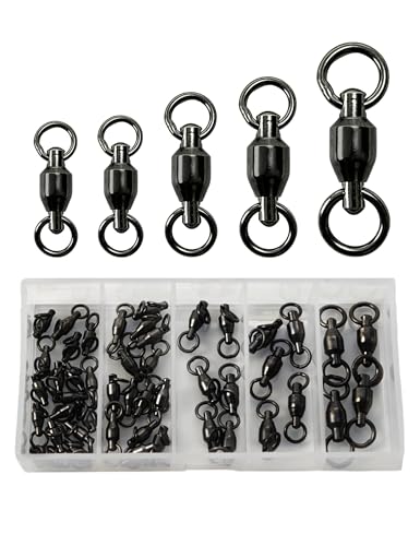 Avlcoaky Ball Bearing Swivel Fishing Swivels 46pcs/Box Heavy Duty Saltwater Swivels Stainless Steel Swivel Connectors Black Nickel Finish Trolling Swivels Terminal Tackle Barrel Swivel