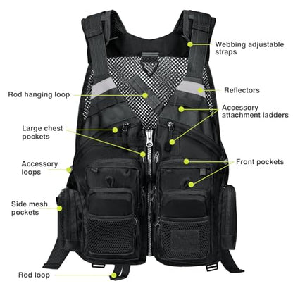 Gonex Fly Fishing Vest for Men Women, Comfortable Adjustable Fishing Vest with Multi-Pockets Reflective Stripes - color: Black