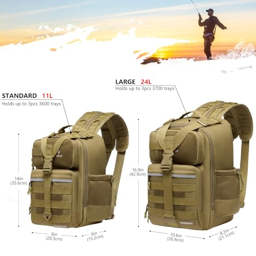 BASSDASH Convertible Fishing Backpack Sling Bag with Rod Holder, Adjustable Tactical Water-Resistant Tackle Storage Pack FP07 - color: Brown Khaki, size: Large