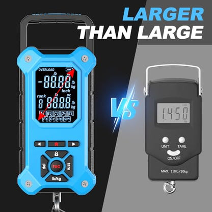 SNAIL TRAIL 8 Storage Bins Digital Fishing Scale & Lip Gripper with Auto-Rank, Large & High Contrast Backlit LCD Display, Multi-Mode(LB, LB-OZ, KG), 50 lbs Tournament Bass Fish Weigher, Gift for Men - color: Blue