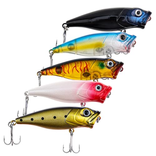 5pcs Fishing Popper Lure, Colorful 3D Eyes Topwater Lures Bass Lures Fishing Hard Baits