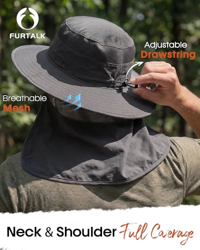 FURTALK Sun Hats for Men Women Fishing Hat with Neck Flap UPF 80+ Breathable Wide Brim Hiking Safari Summer Bucket Hats - color: Dark Grey