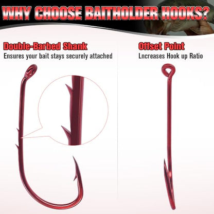 Baitholder Fishing Hooks 100 Pack - Double-Barbed Long Shank for Bluegill Bass Trout Walleye Black/Red, 8/0-#8 - color: 1-Red, size: Size:2 100-Pack