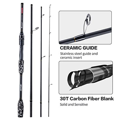 Goture 4-Piece Travel Carbon Fishing Rod M/MH Action 6.6-12ft Multi-Colors | Goture multi-spec travel fishing rods adopt upgraded high-grade carbon fiber blank with premium Fuji line guides - color: Camouflage, size: Spinning/8'-Moderate-Fast/Medium-Heavy