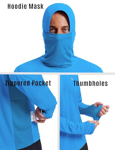 PINSPARK UPF 50+ Sun Protection Hoodie Men with Mask Quick Dry Long Sleeve Fishing Hiking Shirts UV Rash Guard Lightweight - color: Brilliant Blue, size: 3X-Large