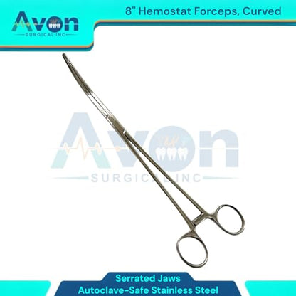 Stainless Steel Hemostat Forceps with Serrated Jaws, Curved, 8in Long - Locking - Fishing Pliers Multi-Purpose for Crafts and Nurses