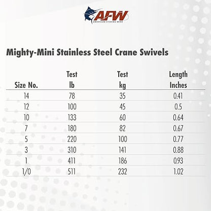 AFW American Fishing Wire Fishing Swivels - Mighty Mini 100% Stainless Steel Crane Swivels, 3X Stronger Than Brass, for Terminal Tackle Box, Up to 600lb Test - Fishing Gear for Fishing Line Leaders - size: 50 Pieces, 100 Pound Test