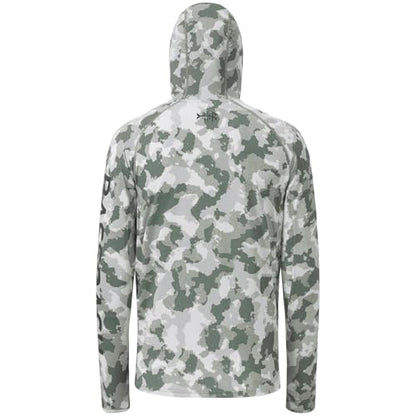 BASSDASH Men’s UPF 50+ Hooded Breathable Camo Shirts with Face Mask Lightweight Neck Gaiter Fishing Hiking Hoodie Shirt FS51M - color: Ash Green Camo, size: 4X-Large