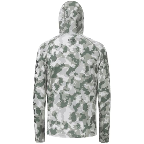 BASSDASH Men’s UPF 50+ Hooded Breathable Camo Shirts with Face Mask Lightweight Neck Gaiter Fishing Hiking Hoodie Shirt FS51M - color: Ash Green Camo, size: X-Large