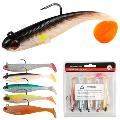 5 Pcs Pre-Rigged Soft Lures Swim Baits | Jig Head Paddle Tail Swimbaits for Bass Trout Walleye Freshwater and Saltwater
