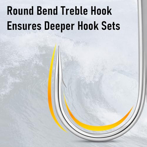 Dr.Fish 30 Pack Round Bend Treble Hooks #16-#8/0, Triple Fishing Hooks Saltwater&Freshwater, Replacement Hardbait Crankbait Spinner Catfish Walleye Trout Salmon Bass Fishing - color: Silver, size: #3/0-30 Pack
