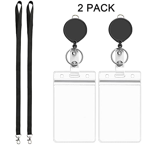 2Pcs Black Lanyards with Vertical ID Badges Holder 4x3 and Retractable Reel | Flat,with Metal Hook,for office - color: Black Lanyard With Badge Holder 4x3 Vertical