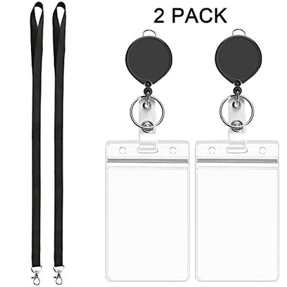 2Pcs Black Lanyards with Vertical ID Badges Holder 4x3 and Retractable Reel | Flat,with Metal Hook,for office - color: Black Lanyard With Badge Holder 4x3 Vertical
