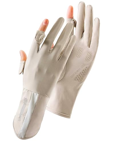 Sun Gloves for Women Men UV Protection UPF 50+, Extended-Cuff 2-Fingers-Flip Driving Gloves for Fishing, Running - color: Extended Beige