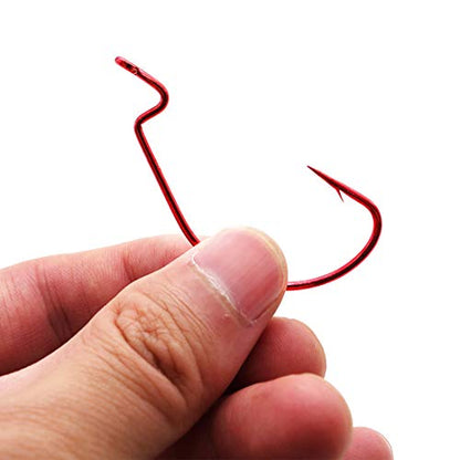 50pcs Fishing Worm Hooks High Carbon Steel Wide Gap Offset Saltwater Freshwater Extra Strong Circle Jig Worm Fishing Hooks for Bass Trout with Box Packed #1/0-5/0 - color: red