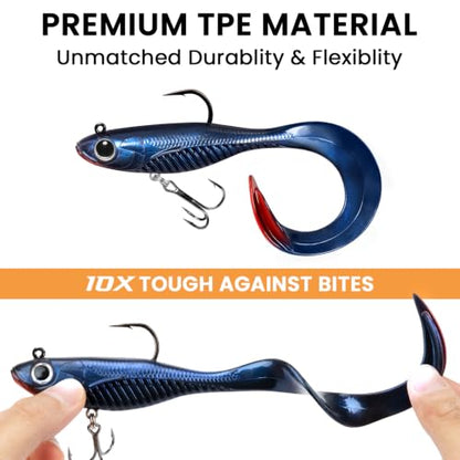 TRUSCEND Duramax Easy Catch Soft Fishing Lures with BKK Hook, Trembly Sinking & Vibrating Swim for More Bites, Pre-Rigged Curly & T-Tail Swimbait for Bass, Trout, Crappie, Freshwater Saltwater Fishing - color: A4-6'',1-3/4oz