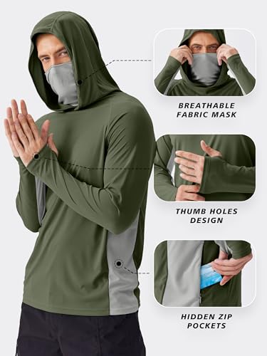 PINSPARK Men's Sun Protection Hoodie with Mask UPF 50+ UV Long Sleeve Shirt Men Rash Guard Performance Fishing Hiking Shirt - color: Army Green, size: 3X-Large