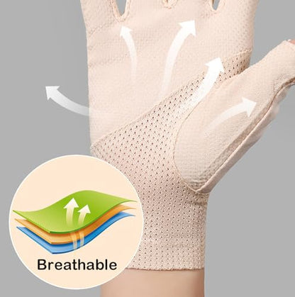 Eohak Women Driving Gloves Sun UV Protection Summer Outdoor Hiking UPF 50+ Glove Touchscreen Half-Finger Glove - color: Apricot Color