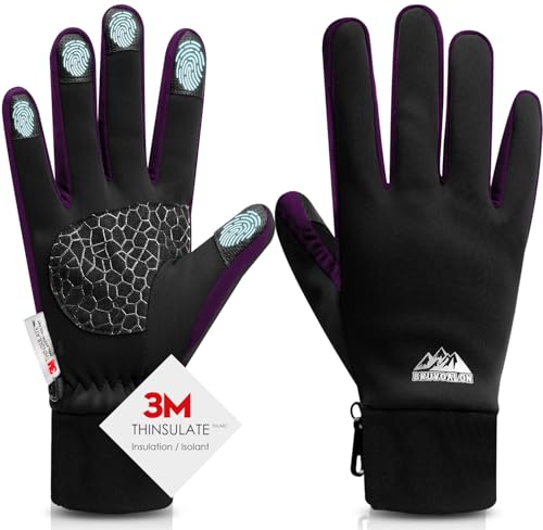 Bruvoalon Winter Gloves for Women & Men, 3M Thermal Insulation, Lycra Fabric, Touchscreen, Anti-Slip - color: Black/Purple, size: XX-Large