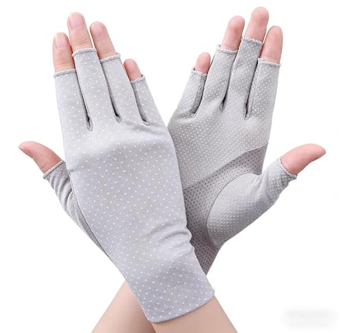 Eohak Women Driving Gloves Sun UV Protection Summer Outdoor Hiking UPF 50+ Glove Touchscreen Half-Finger Glove - color: Grey