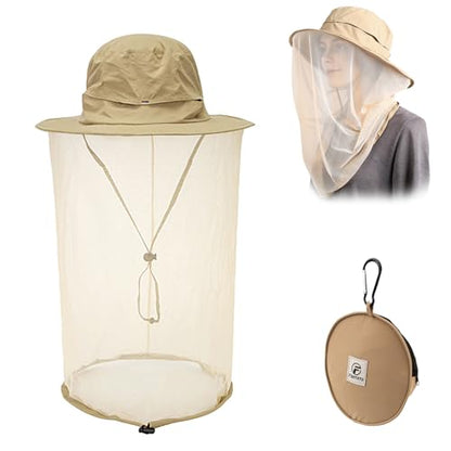 Flammi Mosquito Net Hat Safari Hat UPF 50+ Sun Protection Boonie Hats for Men with Neck Flap Fishing Hiking Hat for Men/Women - color: Khaki
