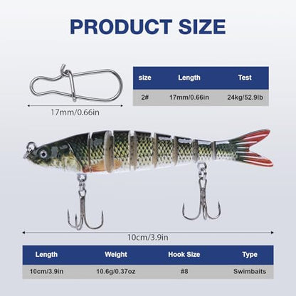 Goture Bass Fishing Lures, Lifelike Jointed Swimbait for Bass Trout Walleye Crappie Pike, Slow Sinking Segment Swimming Bait Fishing Lures for Freshwater and Saltwater, Gifts for Men - color: D1:5pcs Bass Lures with 20pcs Snaps