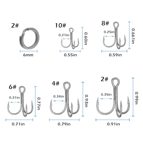 Fishing Treble Hooks Kit, Large Size High Carbon Steel Hooks 3X Strong Sharp Round Bend Hooks with Split Rings for Saltwater Freshwater Fishing 200pcs/Box Mixed 5 Size 2 4 6 8 10 - color: Silver