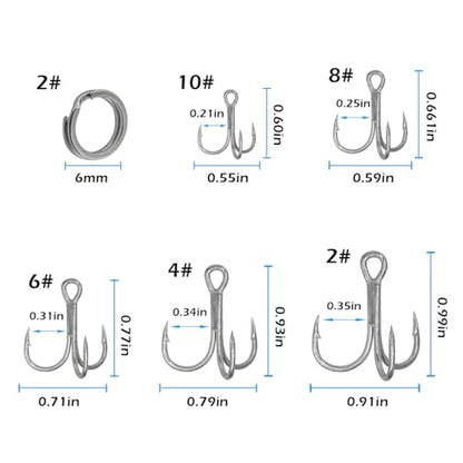 Fishing Treble Hooks Kit, Large Size High Carbon Steel Hooks 3X Strong Sharp Round Bend Hooks with Split Rings for Saltwater Freshwater Fishing 200pcs/Box Mixed 5 Size 2 4 6 8 10 - color: Silver