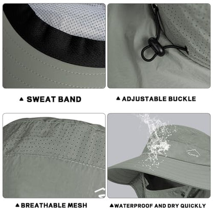 Rosoz Sun Hat for Men Women with Neck Flap,Wide Brim UPF50+ Fishing Hat with Detachable Face Cover Outdoor Sun Protection Hat - color: 1pack-army Green