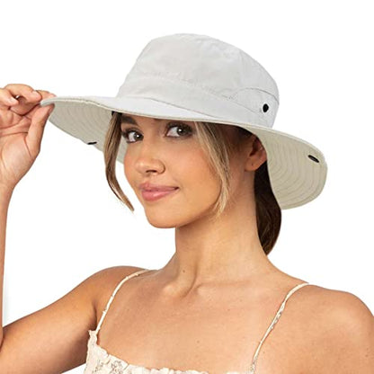 Sun Hat for Women Summer UV Protection Beach Hat Wide Brim Mesh Bucket Fishing Hat with Ponytail Hole Foldable Packable Hat - color: Beige(with Ponytail Hole)