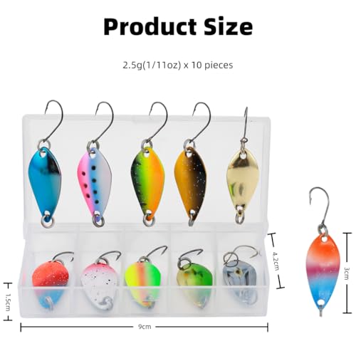 10pcs Fishing Lures with Single Hook 1.2 inch Multicolor Trout Spoon Fishing Spoons Set with Storage Box for Trout, Salmon, Bass Fishing - color: 1/11oz x 10 pcs