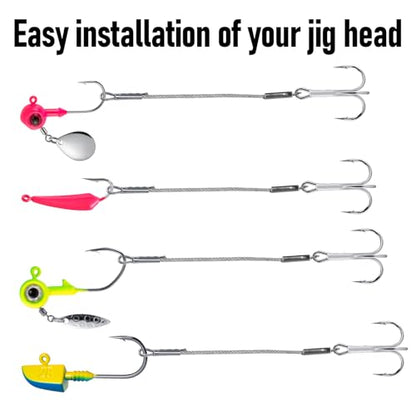Dr.Fish 10 Pack Stinger Hooks Walleye Rig Jig Treble Hook Steel Wire Leader Trolling Stinger Rig Round Bend Triple Hook
