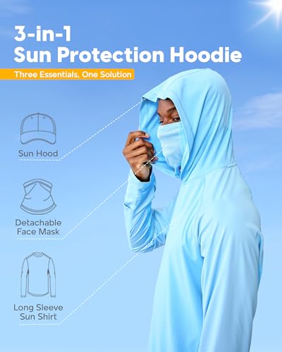 maamgic Men’s UPF 50+ Fishing Shirt Sun Hoodie with Detachable Face Mask, Long Sleeve UV Rash Guard - color: Blue, size: XX-Large