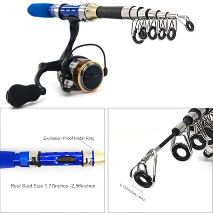 Portable Compact Small Fishing Rod and Reel Combos, 4.9Ft Telescopic Fishing Pole and Metal Spool Reel with Line, Hook, Lure, Bag for All Season Travel Fishing, for Teens & Beginners - color: Blue- Fishing Rod and Reel