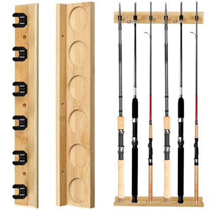 Arrowbash Wall Mounted Fishing Rod Holder Wooden Vertical Fishing Rod Rack Fishing Pole Holders for Garage Holds up to 6 Rods Fishing Gear Storage Organizer Grandpa(Bamboo Wood Color)