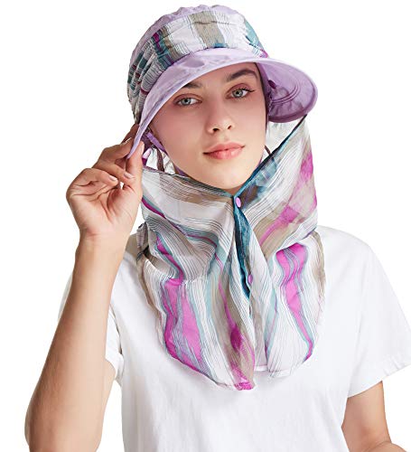 icolor Women Sun Hat UPF 50+ Sun Protection Hat Summer Outdoor Neck Shield Flap Visor Hat Ponytail Hats Wide Brim Beach Hat - color: Lightpurple