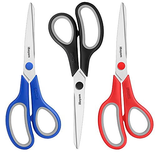 iBayam 8.5" Household Scissors All Purpose 3 Pack, Red Black Blue Scissors | Ultra Sharp 2.5mm Thick Blade Shears Comfort-Grip for Office Desk Sewing Fabric Home Craft School Supplies, Right/Left Handed - color: Red, Black, Blue, size: 3-Pack