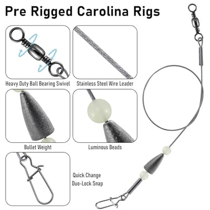 Dr.Fish 15 Pack Carolina Ready Rigs 10'' for Bass Fishing, Freshwater Fishing Wire Leader Line Pre-Rigged Bullet Sinker Swivels - color: Lead Weights, size: 1oz-15 Pack