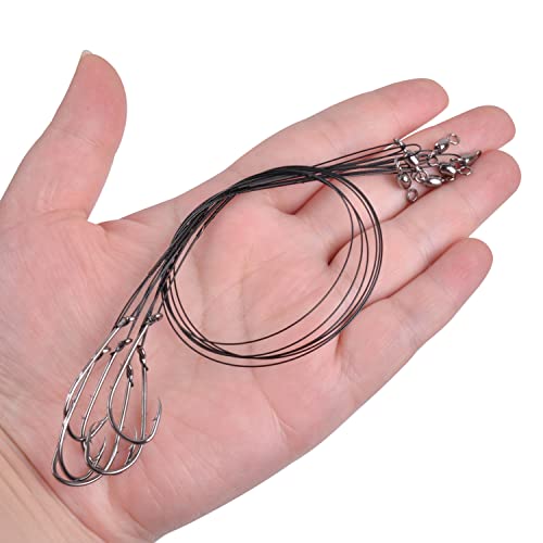 Saltwater Snelled Fishing Hooks with Leader Rig, 24pcs Steel Fishing Wire Leaders with Hook Swivel 11.9in Pre-Tied Wire Trace for Saltwater Freshwater Toothy Predators Bluefish Mackerel - size: 2/0_24pcs