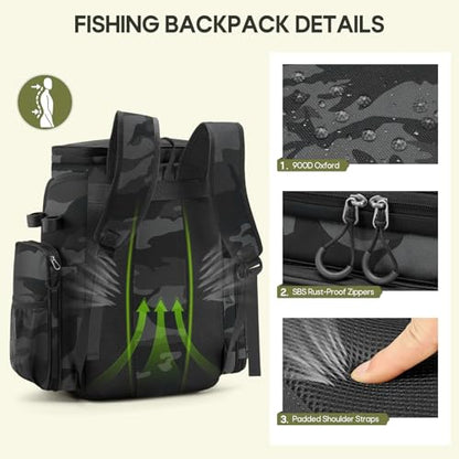 RAINSMORE Fishing Backpack, 45L Large Water-resistant Fishing Tackle Bag | with 4 Rod Holders & Insulated Cooler & Rain Cover Professional 900D Oxford Tackle Backpack for Men Gift Gray Camouflage - color: Grey Camouflage