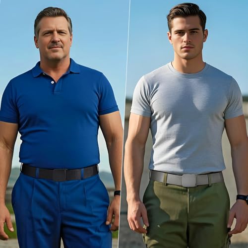 JASGOOD 2 Pack Nylon Web Belt Outdoor Military Men’s Metal Free Belt with TSA Plastic Buckle - color: J-black+grey, size: Fits Pant Up To 54"