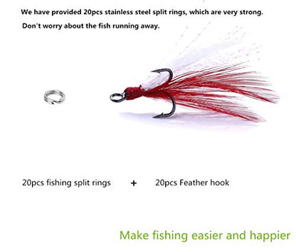 Fishing Treble Hooks Feather Dressed: 20pcs/Box Feathered Treble Hook Size 2 4 6 8 with Split Rings Replacement for Fishing Lure Spinner Spoon Crankbait Making - color: Red and White, size: 6#